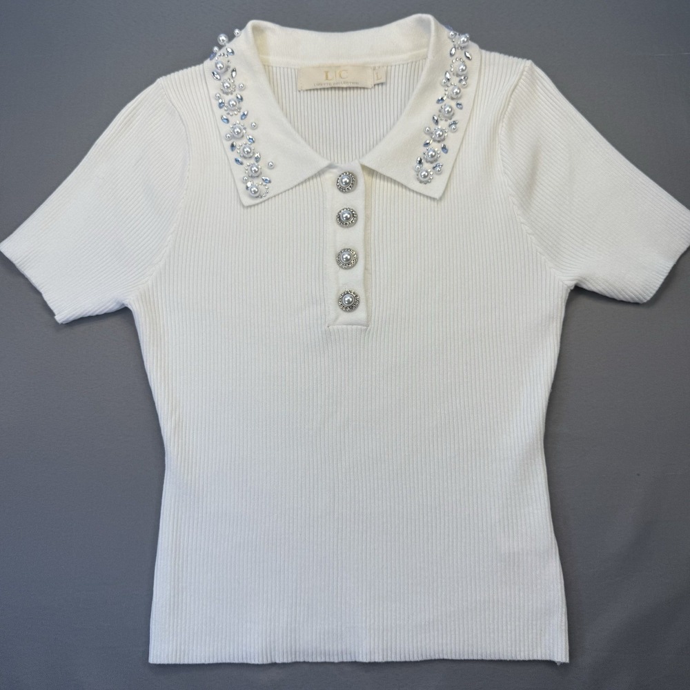 Lizette Collection Women's White Ribbed Knit Sweater Pearl Rhinestone Accents L